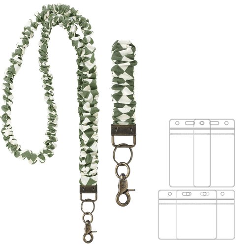 Marspark 2 Set Scrunchie Lanyards with 4 Card Holders for ID Badges and Keys Cute Stretchy Scrunchie Neck and Wrist Lanyards for Teacher Women Nurses School Office Supplies(Green,Floral)