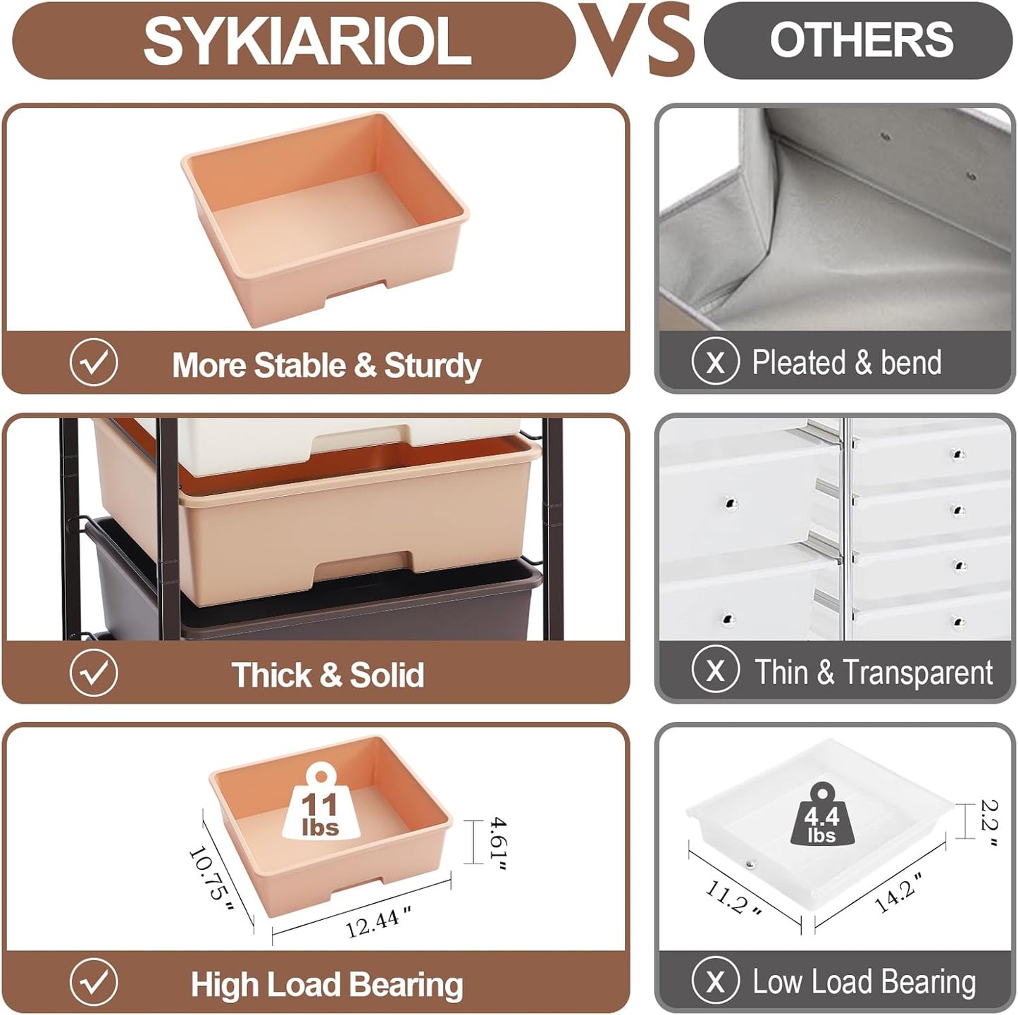 SYKIARIOL Utility Cart - 5-Tier Rolling Storage Cart with Lockable Wheels & Wooden Tabletop - Dark Brown