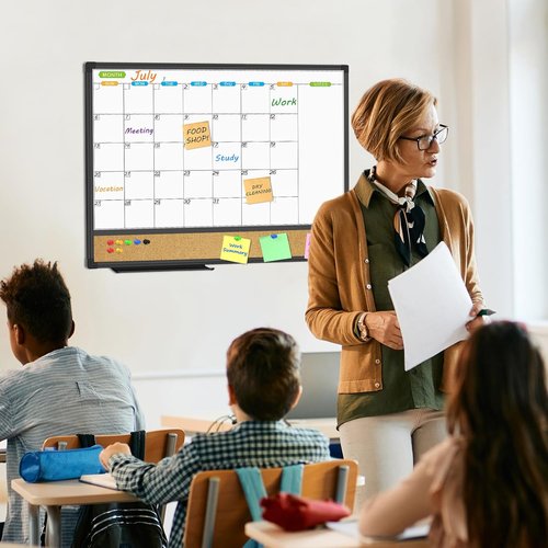 JILoffice Magnetic Calendar Whiteboard & Corkboard Combo - 24x18 Inch Black Aluminum Frame for Home, Office & School