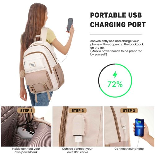 KROSIAS School Backpack for Girls Teens, Cute Aesthetic College Backpacks Large 17.3 Inch Laptop Bag Preppy Bookbag for Women Students Travel (Khaki Beige)
