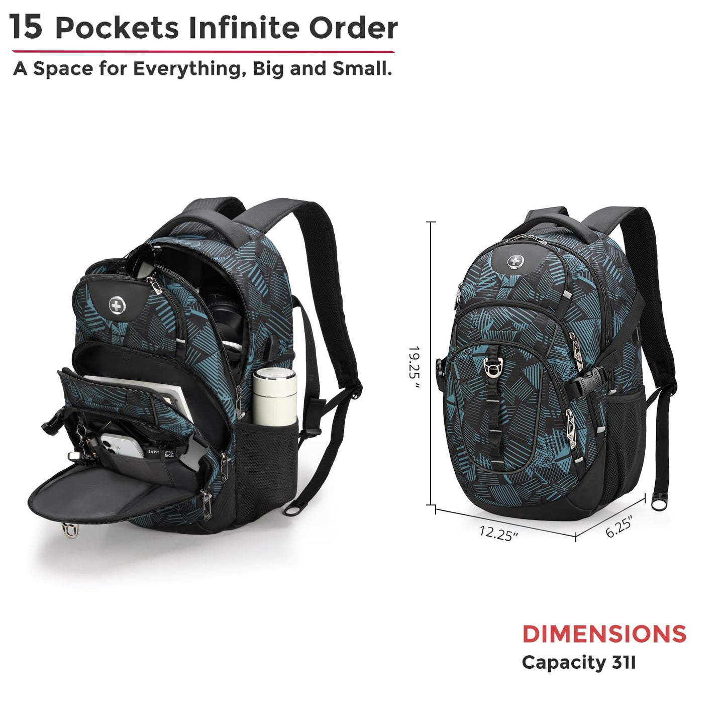 Swissdigital Laptop Backpack with USB Charging Port, Travel Backpack Fits 15.6 inches Computer, 31L Backpack for Men, Dark Green | SD803-96