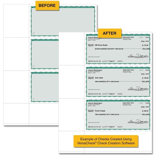 VersaCheck Secure Checks - 750 Blank Business or Personal Wallet Checks - Green Premium - 250 Sheets Form #3001-3 Per Sheet