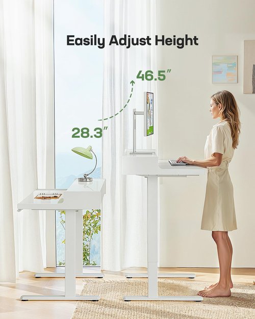 Marsail Glass Electric Standing Desk with Drawers, 48 x 24 Inch Stand Up Desk with Monitor Stand, Height Adjustable Desk with Drawers for Home & Office, 4 Preset Heights, White