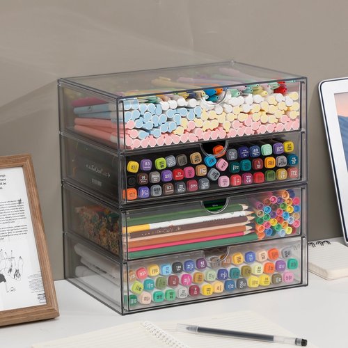 NINEWEEN Stackable Storage Drawers, Plastic Storage Bins for Home Office, Bathroom, Kitchen, Pantry, Clear Desk Organizer for Accessories, Marker, Pencils, Books, Art Crafts, Makeup (6 Drawers)