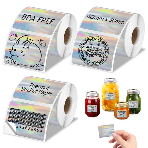 HUIJUTCHEN 3 Rolls Holographic Thermal Labels 40*30mm Square Sliver Custom Sticker for Phomemo M110/M220/M120/M221,for SUPVAN T50M PR0 Label Maker Printer Waterproof Label Paper for Name,Logo,Barcode