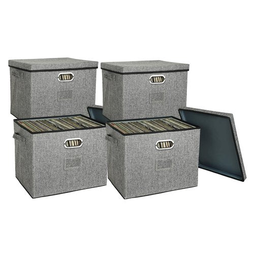 12-Inch Vinyl Record Storage Boxes with Lids and Handles, Stylish and Practical LP Record Organizer for 100+ Single Records, Suitable for Living Room, Study, Concert Hall or Office,4-Pack