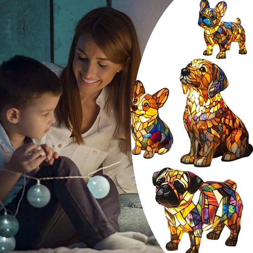 XWNGDAFEVF Small Dog Lamp, Retro Stained Resin Tabletop Night Light, 3D Cute Puppy Table Lamps, Gift for Lovers Home Decor, Chihuahua