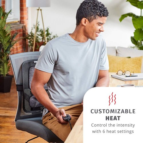 HoMedics Contouring Back Support, Ergonomic Design, 6 Electric Heat Settings with 2-Hour Shutoff, Heat Therapy for Back Pain Relief, Adjustable for Office or Home Chair