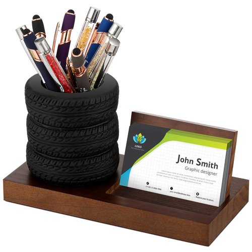 Sherr Tire Shape Stationery Set Car Salesman Gift Tire Stack Pen Holder Business Card Holder Car Salesman Desk Accessories for Desk Office Mechanics Gifts(Walnut)
