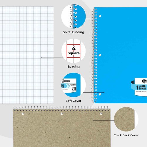 Rosmonde 1 Subject Graph Paper Spiral Notebook, 24 Pack, 70 Sheets (140 Pages), 8 x 10-1/2" Bulk 4x4 Spiral Bound Grid Notebooks, 3 Hole Punched Single Subject Quad Ruled Spiral Notebooks for School