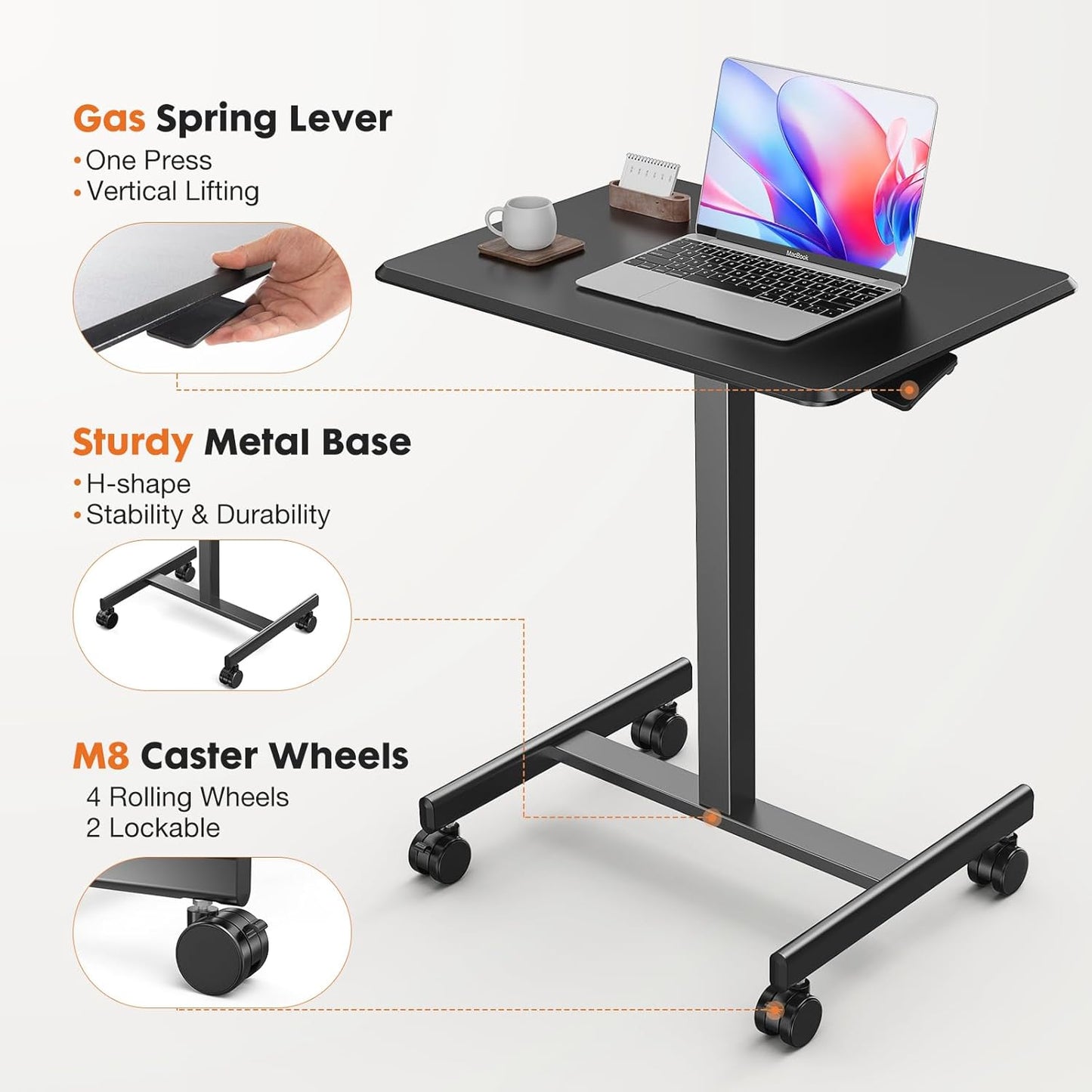 Sweetcrispy Mobile Small Standing Desk - Adjustable Height Portable Laptop Desk with Lockable Wheels | Modern Black