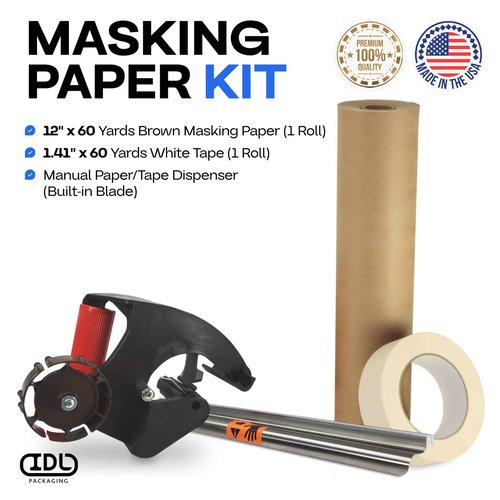 IDL Packaging Masking Kit -12" x 60 Yards Brown Masking Paper (1 Roll) & 1.41" x 60 Yards White Tape (1 Roll) & Masking Paper/Tape Dispenser (Built-in Blade)