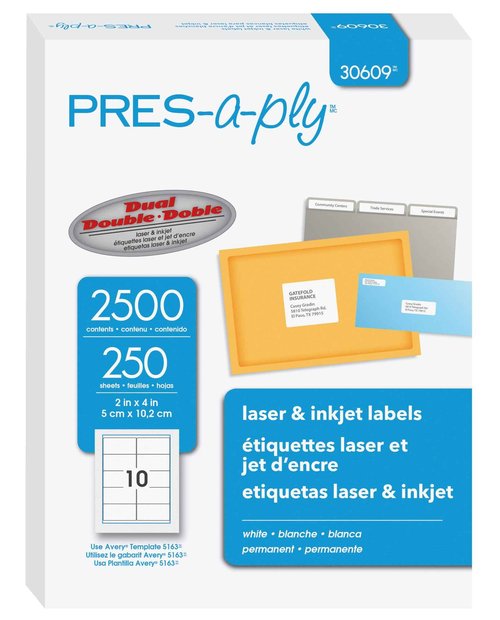 PRES-a-ply Laser Label, 2 x 4 Inches, White, Box of 2500, 2 Packs (30609)