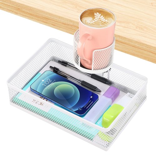 ROSYLINE 360°rotation under desk drawer, Drawer Under Desk Storage Organizer, Rotary Desk Storage Organizer with Cup Holder, Under Desk Storage, Clamp Drawer Basket, sturdy and durable (White)