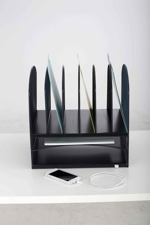 Safco 3233BL Onyx Mesh Powered Charging Station Desktop Organizer with 6 Vertical, 2 Horizontal Sections and USB Port, Black, 13.25"W x 11.5"D x 13"H