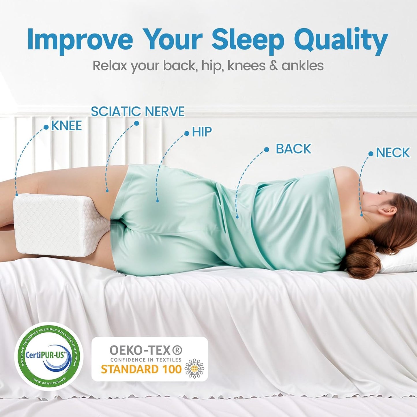 TranquilRelax Knee Pillow - Comfortable Memory Foam for Side Sleepers | Alleviates Hip, Back & Sciatica Pain (White)