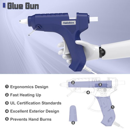 Halobios Hot Glue Gun with Preheating, 20 Glue Sticks, Full Size for DIY Crafts & Home Repairs (40W Blue)