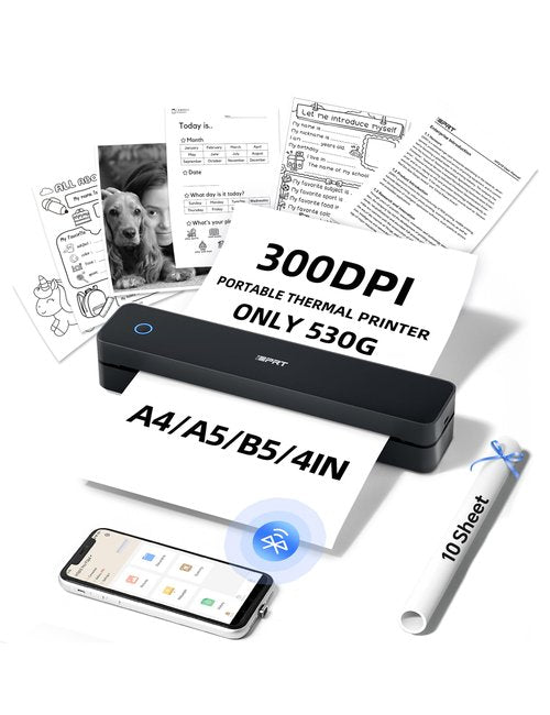Portable Thermal Printer for Travel - 300DPI Mobile Inkless Printers, Wireless Small Printer for Home Use, Office, Vehicles, Bluetooth Printers Supports 8.5" x 11" US Letter & A4 & A5 Size, Black
