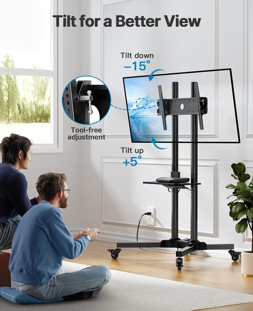 HUANUO Rolling TV Stand - Mobile Cart for 32-85 Inch Flat/Curved TVs | Tilt & Height-Adjustable, 132 lbs Capacity