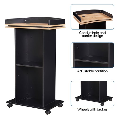 Podium Stand,Wood Podium with Wheels,Lectern with Storage,Mic Stand Space,15MM Particle Board,Wooden Pulpit for Restaurants,Churches,Seminars and Schools