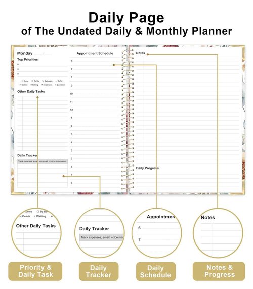 Undated Daily Monthly Planner for 2025 2026 - A4 To Do List with Hourly Schedule, Hardcover Spiral Bound Daily Planner to Increase Focus, Stylish School/Office Supplies, 8.5" x 11", Flower
