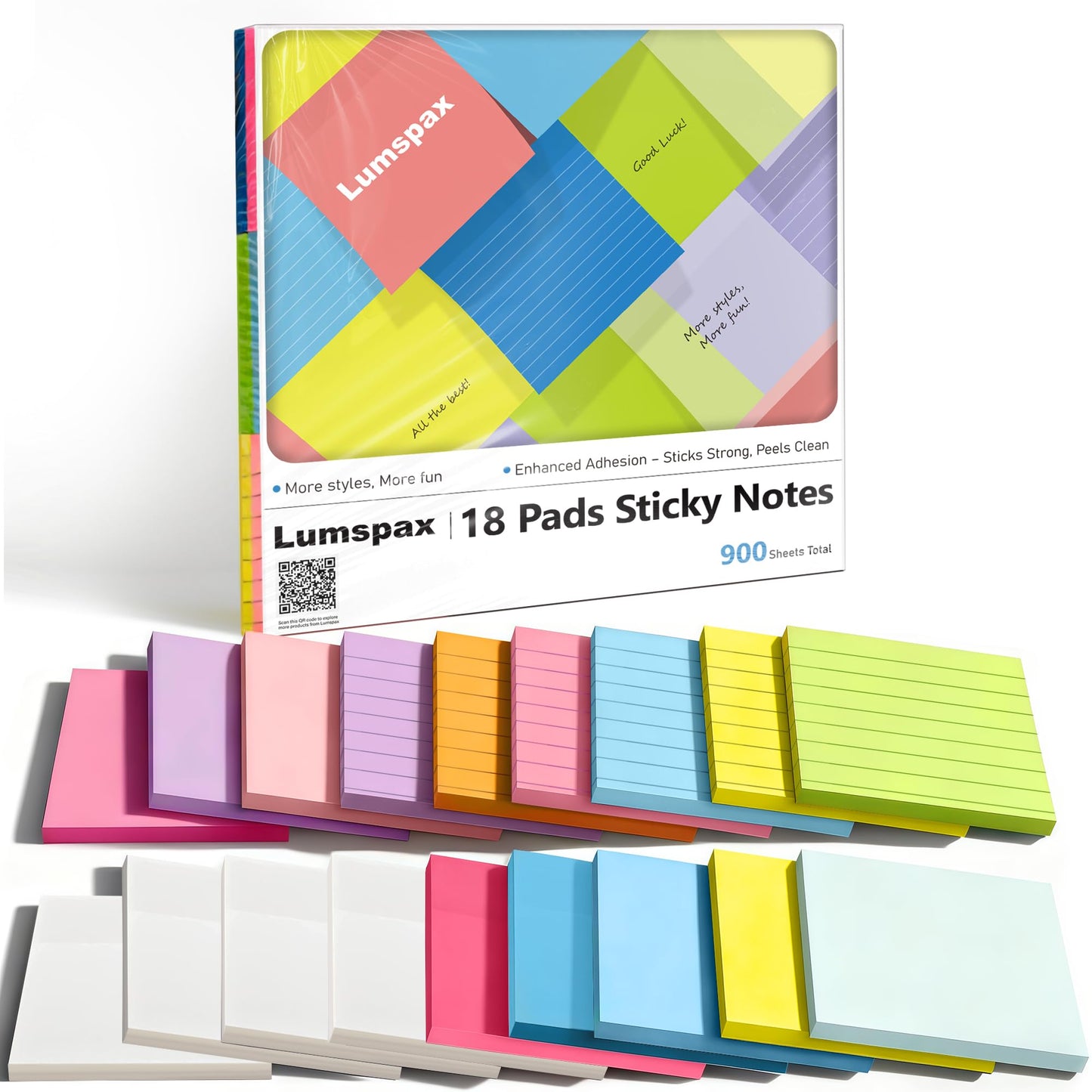 Lumspax 3x3 Inches Sticky Notes Variety Pack, 18 Pads Self Stick Notes, 50 Sheets/Pad, 900 Total Sheets, Included Blank, Lined and Transparent Pads, Bulk Teacher School and Office Supplies