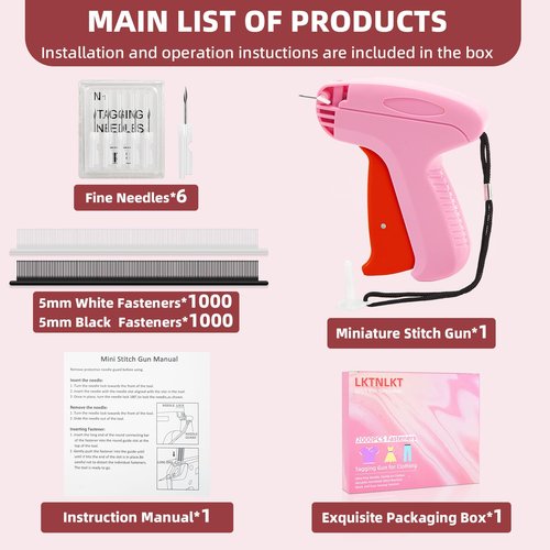 Stitch Gun for Clothes - Includes 6 Fine Needles, 1000 White & 1000 Black Fasteners, Handheld Stitch Gun - Quick Clothing Fixer, Tag Gun for Clothes (Pink Red)