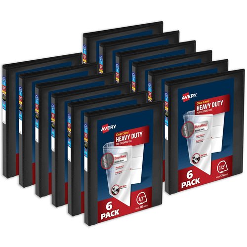 Avery Heavy-Duty View 3 Ring Binders, 0.5 Inch One Touch Slant Rings, 135-Sheet Capacity, DuraHinge, 0.7 Inch Wide Spine, Customizable Clear Cover and Spine, Black Binders (12-Pack of 79766)