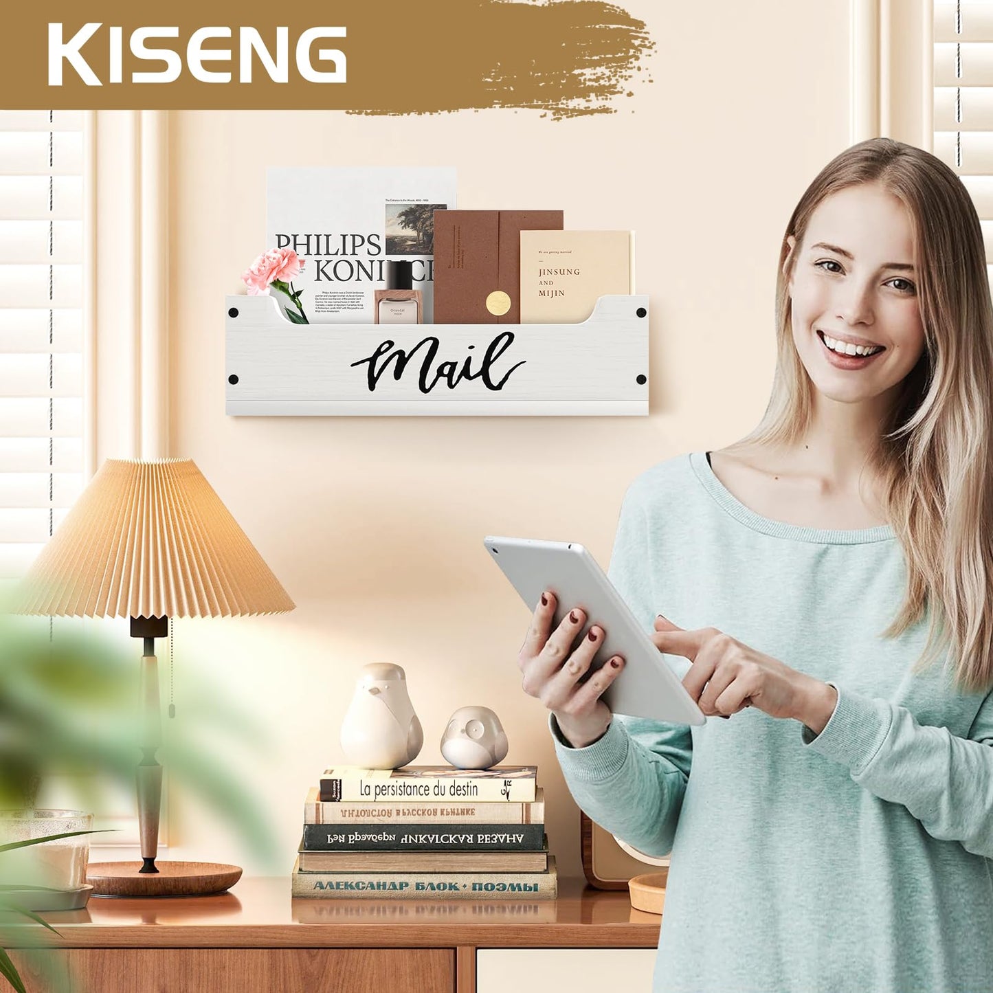KISENG White Wooden Mail Organizer Countertop - Mail Organizer Wall Mounted, Office Mail Holder, Desktop Mail Basket for Counter, Letter Holder Box for Home Office Decor (White +Black Mail, 3.15")
