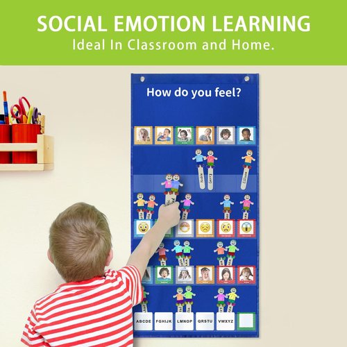 Boczif Emotions Feelings Pocket Chart - 24 Cards for Classroom & Calm Down Corner | Blue