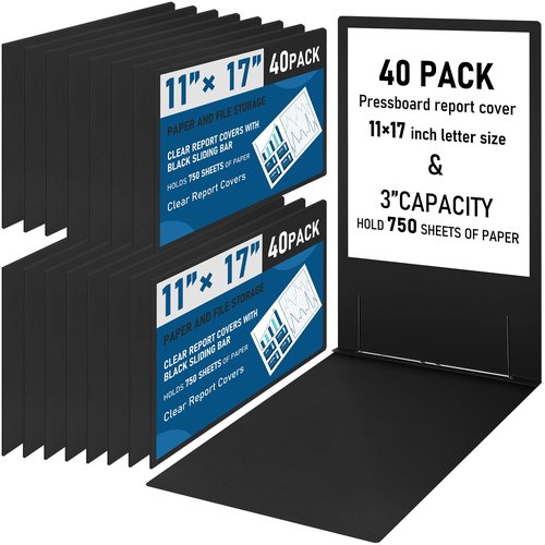 Resurhang 40 Pcs Pressboard Report Cover, 3" Capacity Presentation Binder Folder with Metal Prong Paper Fastener to Neatly Bind Reports Proposals Transcripts, Other Documents (11x17 Inch,Black)