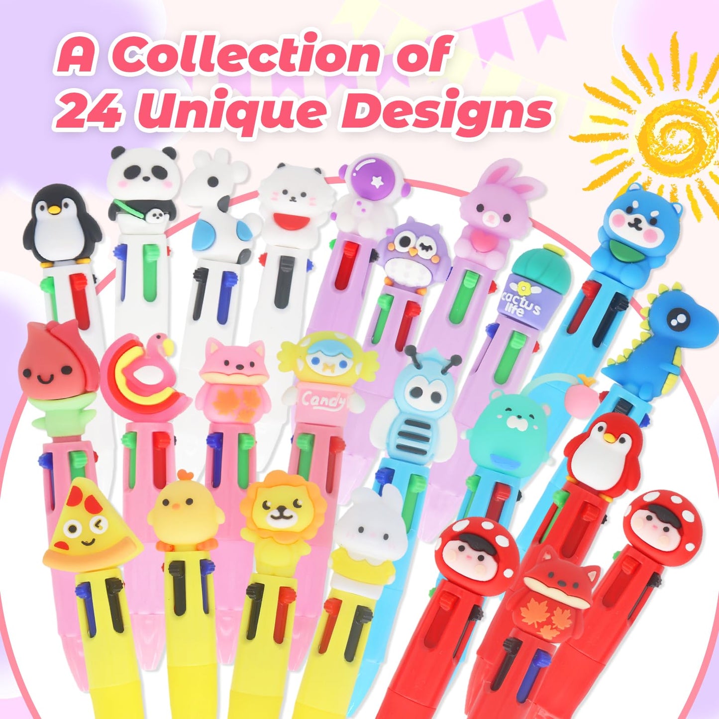 Zhirlyn Mini Multicolor Pens in One 4-in-1 Fun Pens for Kids Cute Pen Bulk Prize Gifts for Back to School Supplies Kawaii Cool Ballpoint Pen for Birthdays Classroom Gift (Cute, 24)