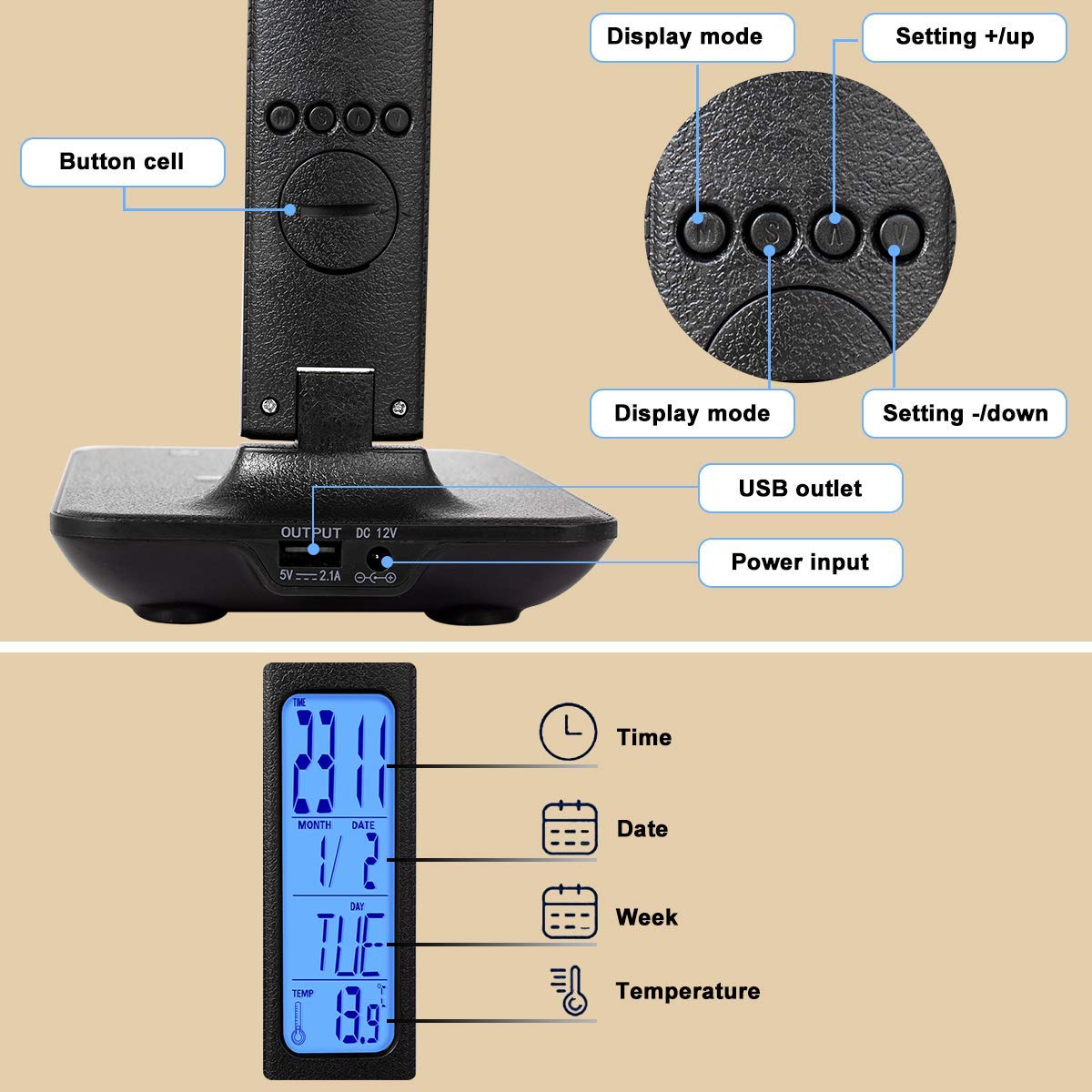 XIZDDL LED Desk Lamp with Wireless Charger, Suitable for Home, Office Dimmable, with USB Charging Port, Built-in Clock, Calendar, Thermometer and Automatic Timing Reading Desk Lamp.