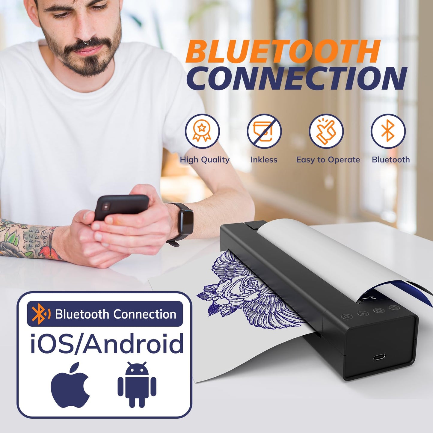 LifeBasis Wireless Tattoo Stencil Printer for Transfer Paper – Portable Thermal Tattoo Printer Rechargeable, Fast A4 Printing, Compatible with iOS/Android/Windows, 30 Sheets & 300 Designs Included
