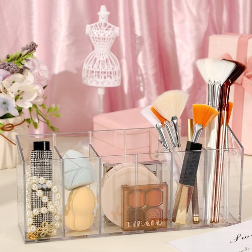 DECYOOL 2PCS Acrylic Organizers, Acrylic Makeup Brush Organizer 6 Compartments Pen Holders With Removable Dividers for Desk Accessories Cosmetic Storage Office Stationery Kitchen Supplies Clear