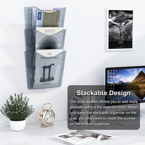 PAG-Mass 6 Pocket Wall File Organizer, Plastic Hanging File Holder, Wall Mount Paper Organization, Gray