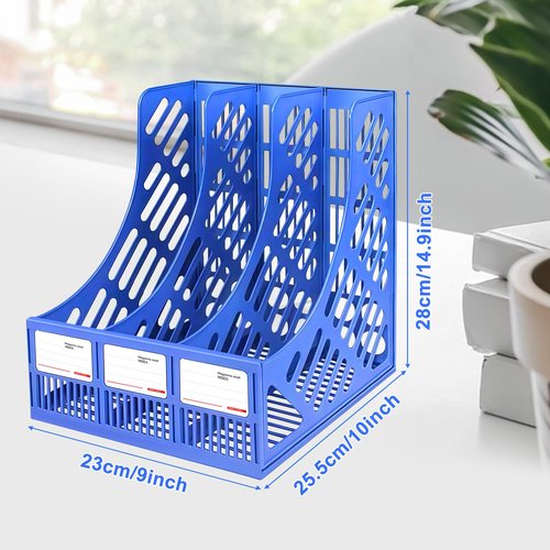 GLUWEE Desk File Organizer 3 Sections Upright Mesh Desktop Organizer File Sorter Letter Paper File Holder for Home, Office & Classroom- Blue