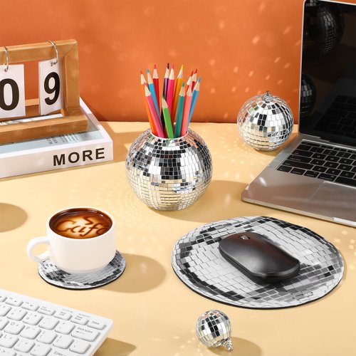 Teenyyou 4 Inch Disco Ball Pen Holder 8 Inch Silver Disco Ball Mouse Pad 4 in Coasters for Desk Accessories Decor Makeup Brush Holder Organizer Pencil Cup Flower Vase for Office Classroom Home Decor