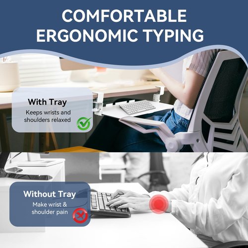 VUSIGN Keyboard Tray Under Desk Height Adjustable,Pull Out with Adjustable C Clamp Mount System for L-Shaped Tables, Extra Sturdy, 26.4” x 11.8” Slide-Out Platform Computer Drawer for Typing,White