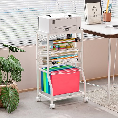 INGIORDAR Rolling File Cart,Under Desk Organizer on Lockable Wheels and Mesh Sliding Trays Multi-Functional Rolling Clutter Cart for Office, Home, School (White, 5 Tier)