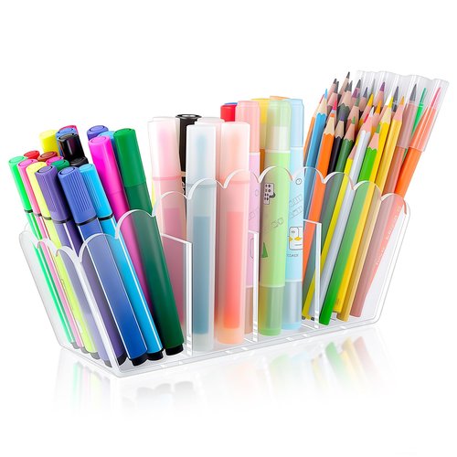 Novacrylion Scalloped Acrylic Pencil Holder – Clear Desk Organizer with 4 Compartments – Makeup Brush Holder & Remote Caddy for Office, Bathroom, Table – Party Accessory