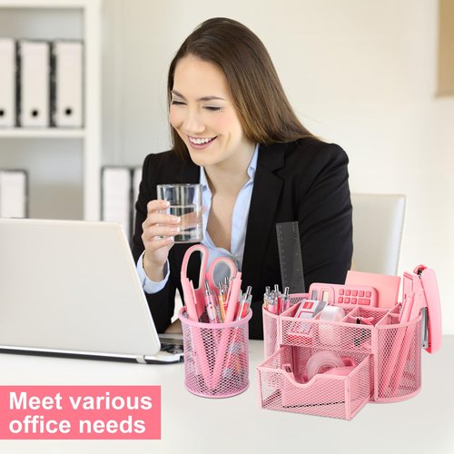 VAIPI 17 in 1 Pink Office Supplies Set Desk Organizers and Accessories with Mouse Pad, Calculator, Stapler, Tape Dispenser, Staples, Scissors, Pens, Sticky Notes, Page Markers for Office School Home