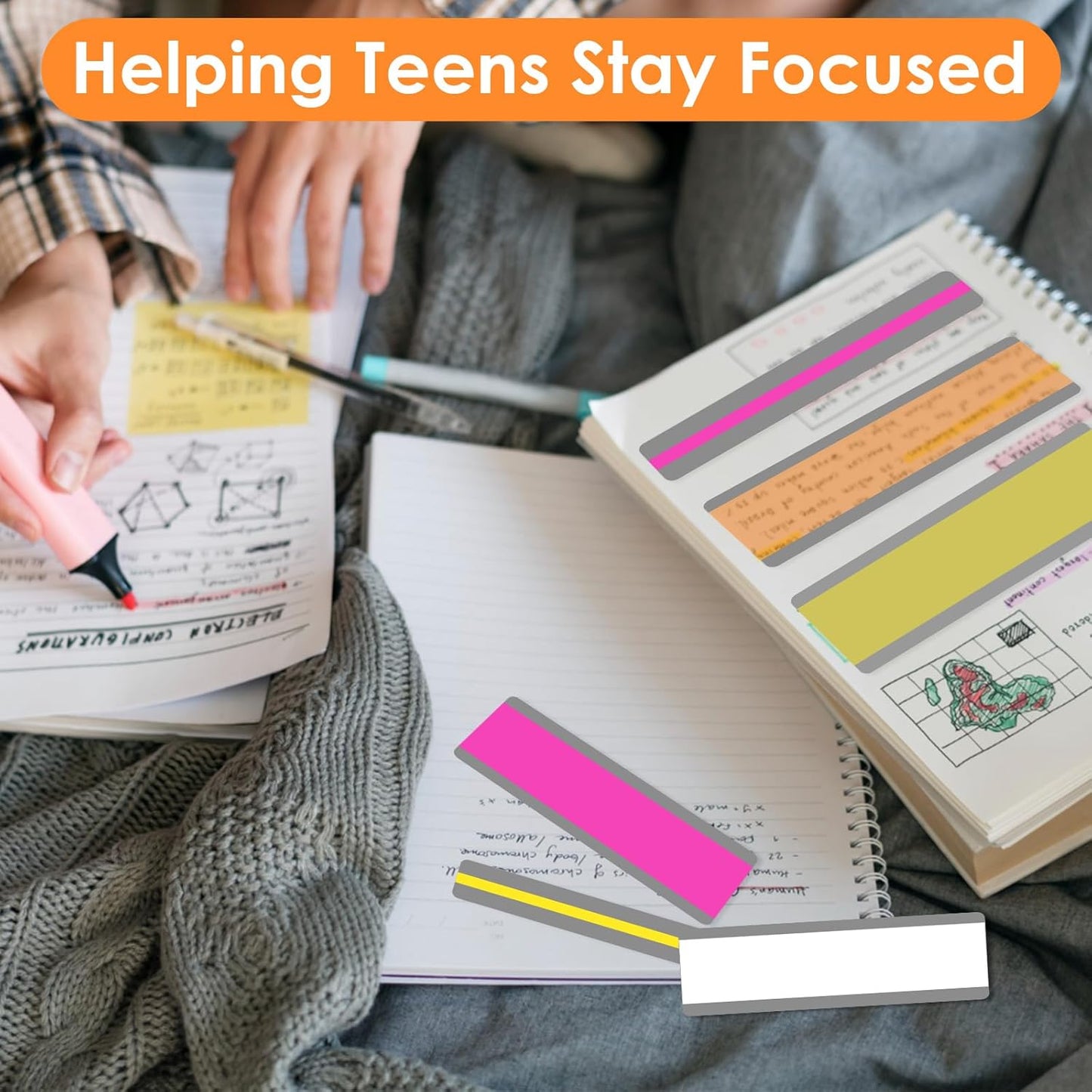 Skiennix Guided Reading Strips - 8 Colorful Text Overlays with 6 Finger Highlighters for ADHD & Early Readers