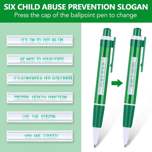 100 Pcs Mental Health Awareness Items Green Ribbon Message Pens World Mental Health Day Retractable Ballpoint Pen for School Nonprofit Organization Charity Classroom Supply Kid Gift 1.0 mm Black Ink