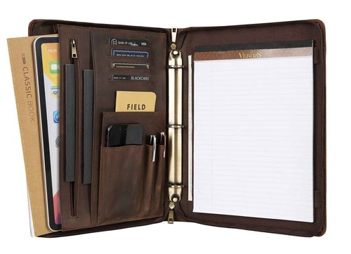 Leather Portfolio Binder, 3 Ring Binder Padfolio Organizer, Personalized Portfolio for Men, iPad Laptop Padfolio with Zipper (Dark Khaki, Non-Custom)