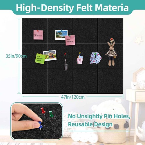 URMMIY Large Cork Board for Walls - 12 Pack Black Felt Wall Tiles with Safe Removable Adhesive Tabs for Office Pin Board, Tack Board, 47"x35", Includes Push Pins & Sticky Tabs (Black, 12 Pack)