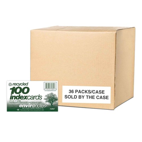Roaring Spring Recycled Index Cards 3" x 5", 100 Per Pack, Smooth 100 lb White Recycled Index Paper, Ruled on Front, Blank on Back (Case of 36 Packs)
