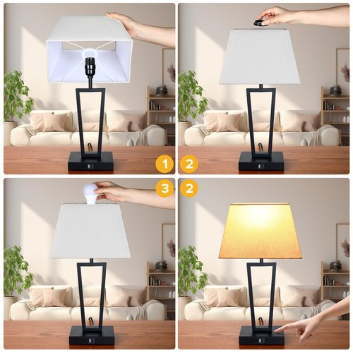 LEDIKON Touch Control Bedside Table Lamps Set of 2, 3-Way Dimmable Modern Black Nightstand Lamps with USB-C & USB-A Ports and LED Bulbs for Bedroom, Living Room, Office