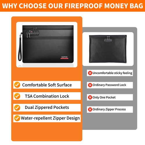 Noiposi 6400℉ Fireproof Document Bag with Lock,Dual-Zip Compartments Fireproof Money Bag for Cash and Documents,12 Layers Heat Insulated Fireproof Bag with Zipper,Protects Important Papers,Valuables