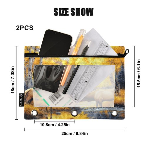 XDKDZIS The Elk by The River Grass Pencil Pouch for 3 Ring Binder, Binder Pouches with Zipper Bulk, Pen Holder Case 2 Packs